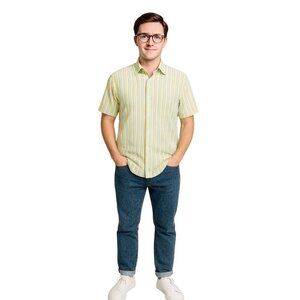 Turrau Men's Green Blue Striped Cotton Oxford Shirt Button-Down Short Sleeve L